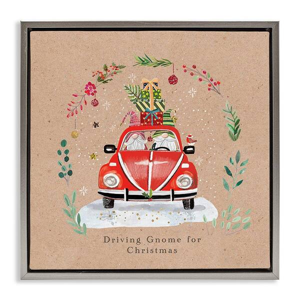 Stupell Industries Driving Gnome For Christmas by Sally Darby 1-Piece Floater Frame Graphic Print Travel Poster Art Print 18 in. x 18 in.