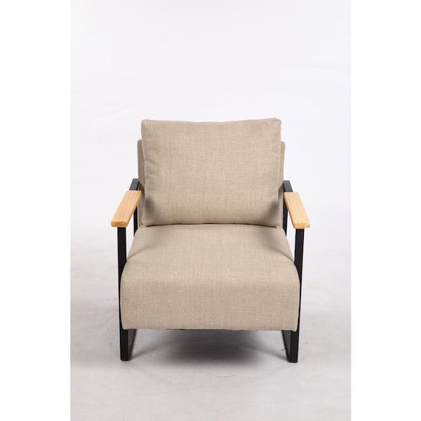 Zeus & Ruta Black Linen Leather Metal Outdoor Lounge Chair with Khaki Cushions, Guest Armchair for Bedroom, Living Room
