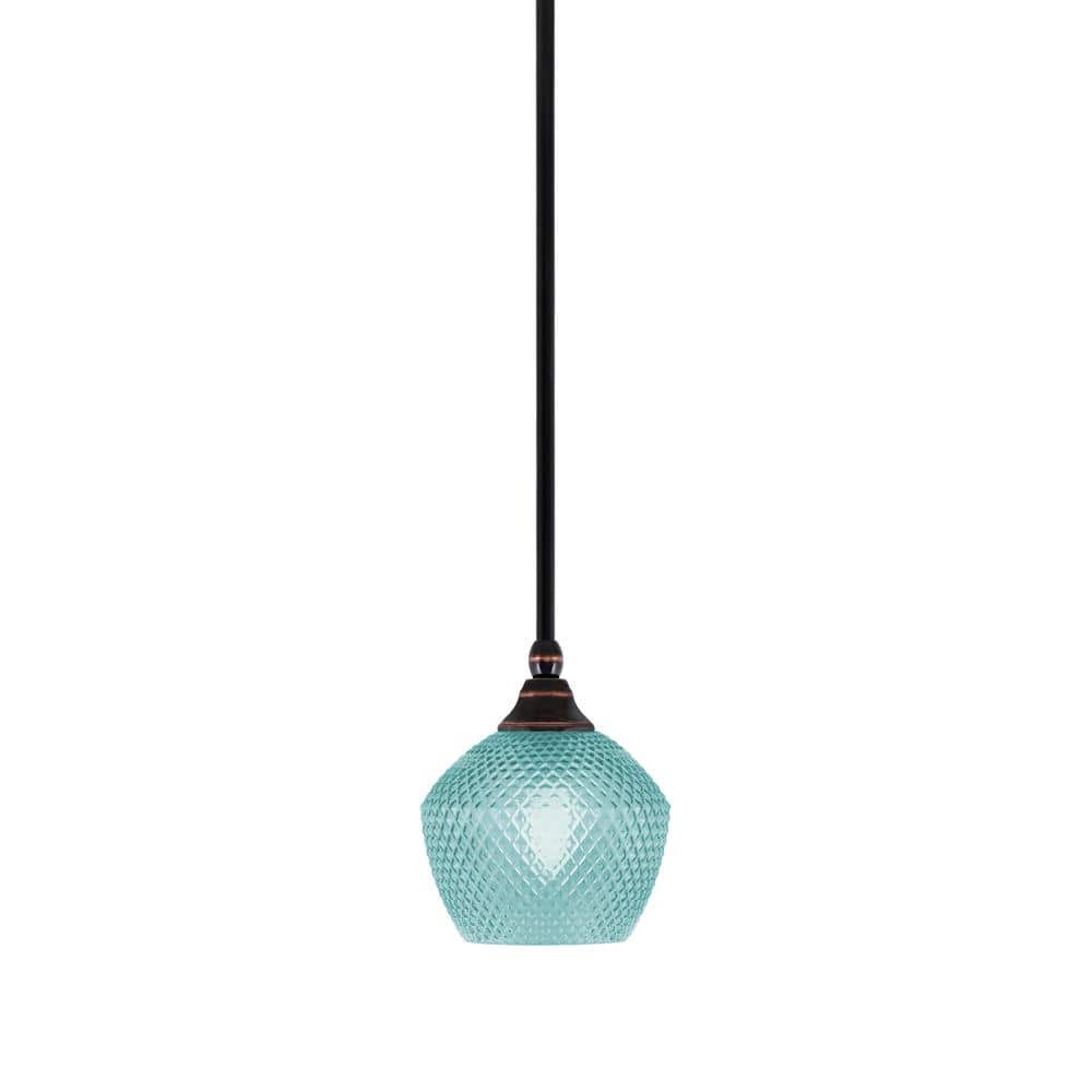 Sparta 100-Watt 1-Light Black Copper Mini Pendant Light with Turquoise Text