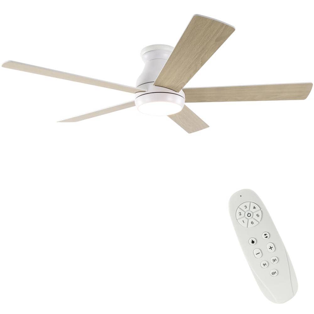52 in. Indoor Integrated LED Light Flush Mount White Ceiling Fans with Reve