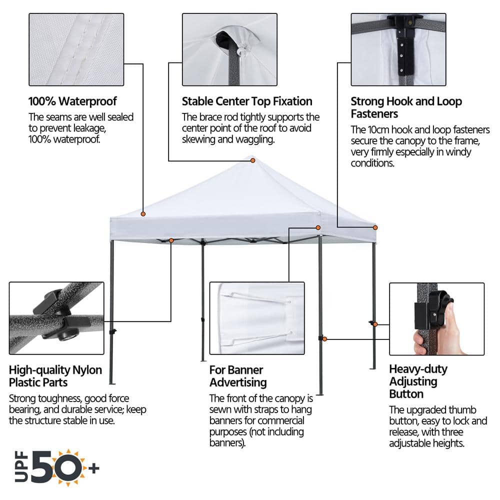 White Heavy-Duty Waterproof Pop-Up Canopy Tent 10'x10'