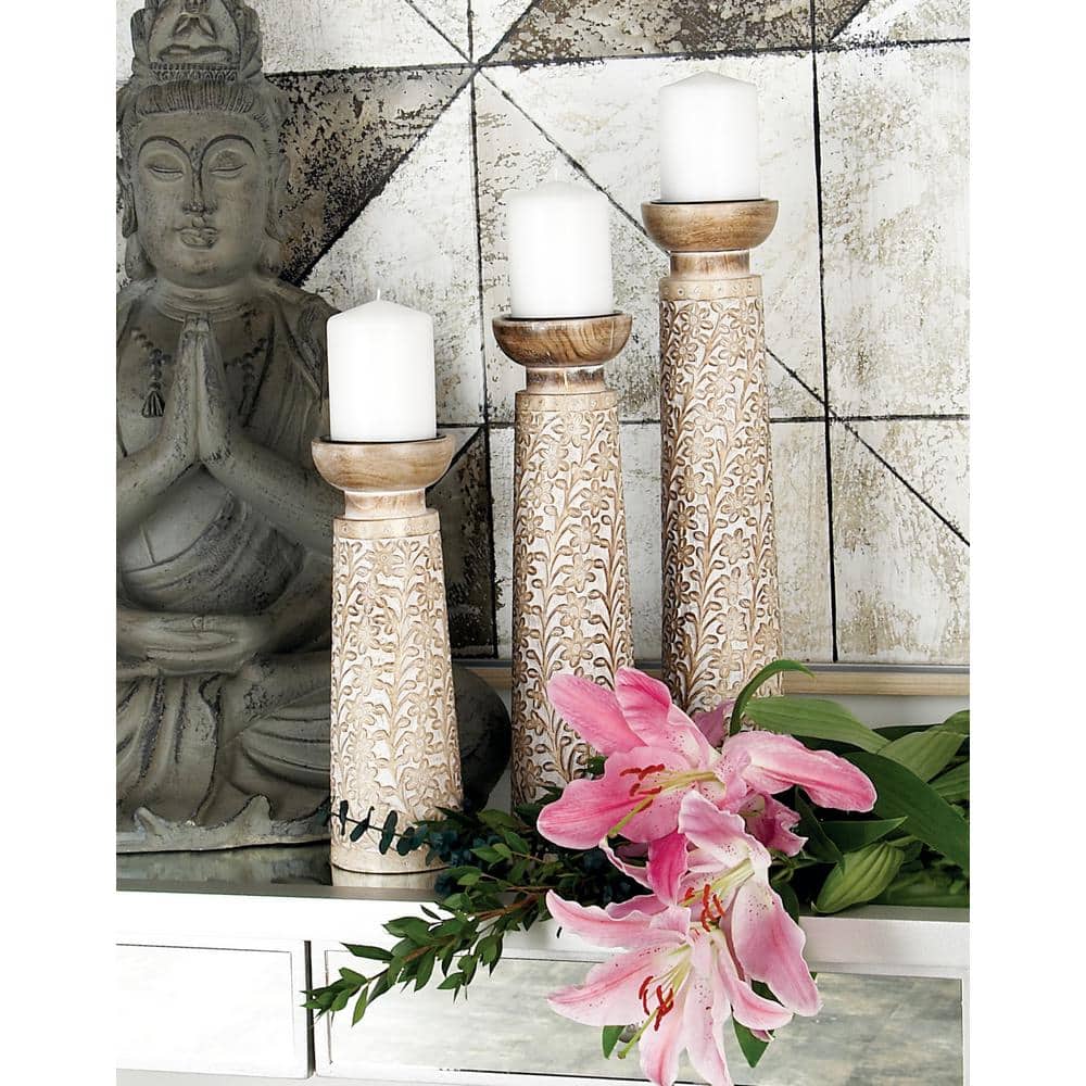 Rustic Elegance Mango Wood Carved Candle Holders, Brown Floral Set of 3