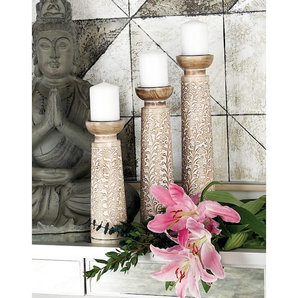 Litton Lane Brown Mango Wood Candle Holder (Set of 3)