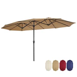 15 ft. x 9 ft. Large Double-Sided Rectangular Outdoor Twin Patio Market Umbrella w/Crank in Taupe