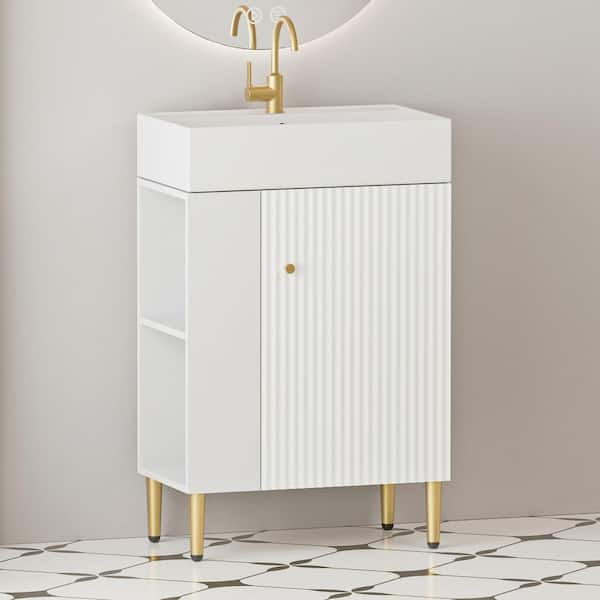 21.6 in. W in Single Sink Freestanding White Bath Vanity, with White Ceramic Top Basin, Left Side Storage Cabinet