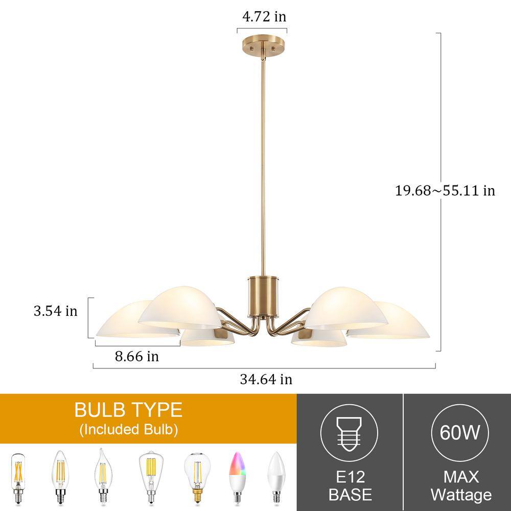 Modern Brass Chandelier with Milk Glass Shades, 6-Light