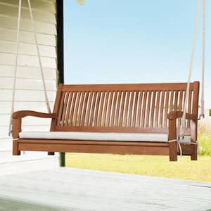 2-Person Natural Wood Hanging Porch Swing Bench with Beige Cushion Curved Back
