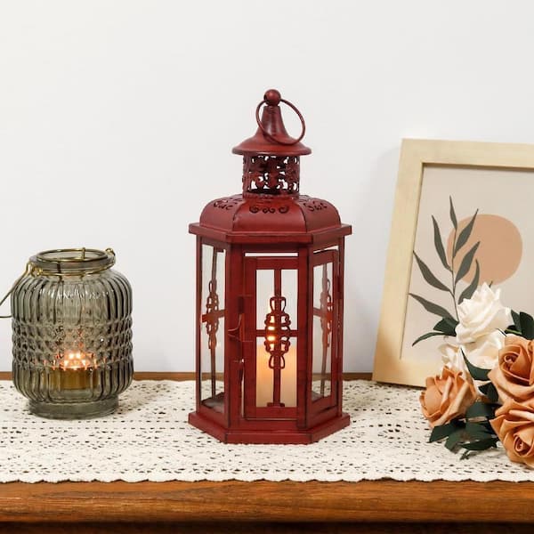 10 in. x 5 in. Red with Black Brush Metal Vintage Lantern without
