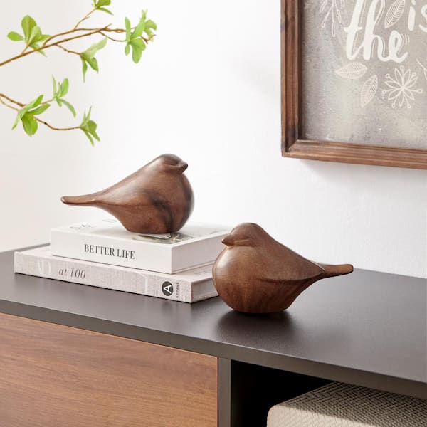 DANYA B Sanger Brown Walnut 6.4 in. W x 3.64 in. H Set of 2 Modern Abstract Walnut Finish Tabletop Bird Sculpture Figures