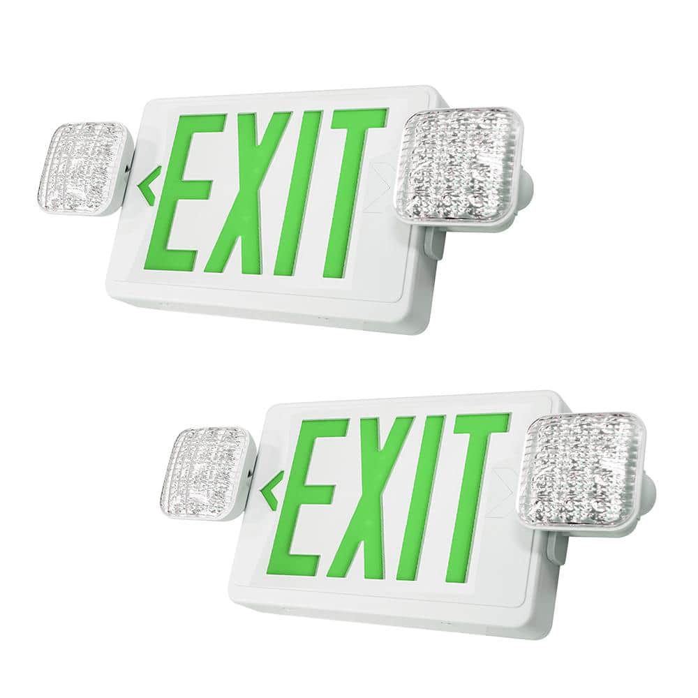 RUN BISON 2-Pack Combo 14-Watt Equivalent Integrated LED Green Exit Sign Emergency Light with Ni-Cad 9.6-Volt Battery