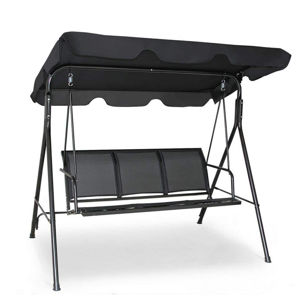 Outdoor 3-Person Metal Frame Patio Swing with Adjustable Polyester Canopy, 