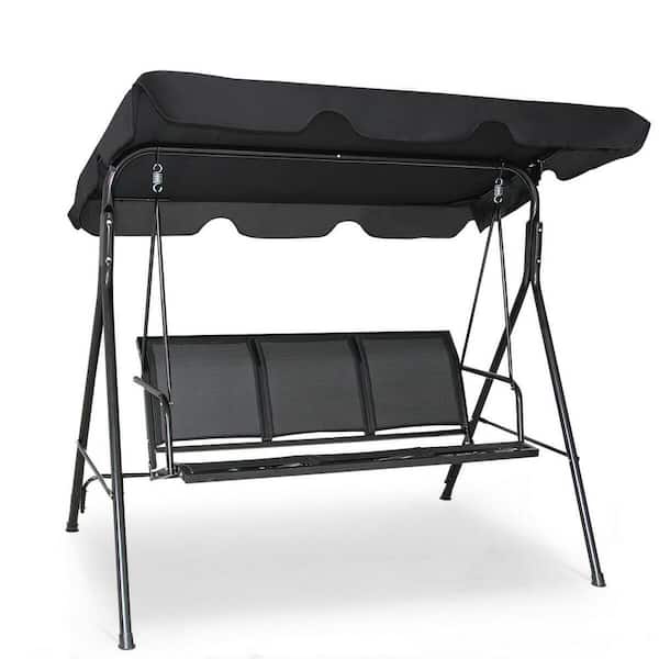 Unbranded Outdoor 3-Person Metal Frame Patio Swing with Adjustable Polyester Canopy, Black
