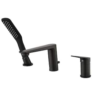 Single-Handle Deck-Mount Roman Tub Faucet with Hand Shower Modern 3-Hole Brass Tub Fillers in Matte Black