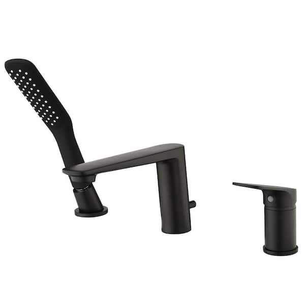 AIMADI Single-Handle Deck-Mount Roman Tub Faucet with Hand Shower Modern 3-Hole Brass Tub Fillers in Matte Black