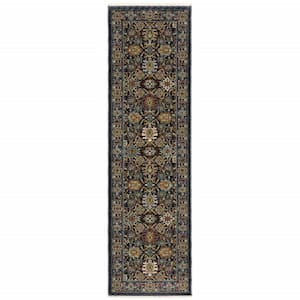 Blue and Beige 2 ft. x 8 ft. Oriental Power Loom Fringe with Runner Rug
