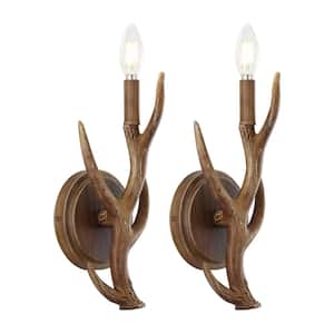 Cody 5.5 in. 1-Light Southwestern Bohemian Resin/Iron Faux Antler LED Wall Sconce, Brown Wood Finish (Set of 2)
