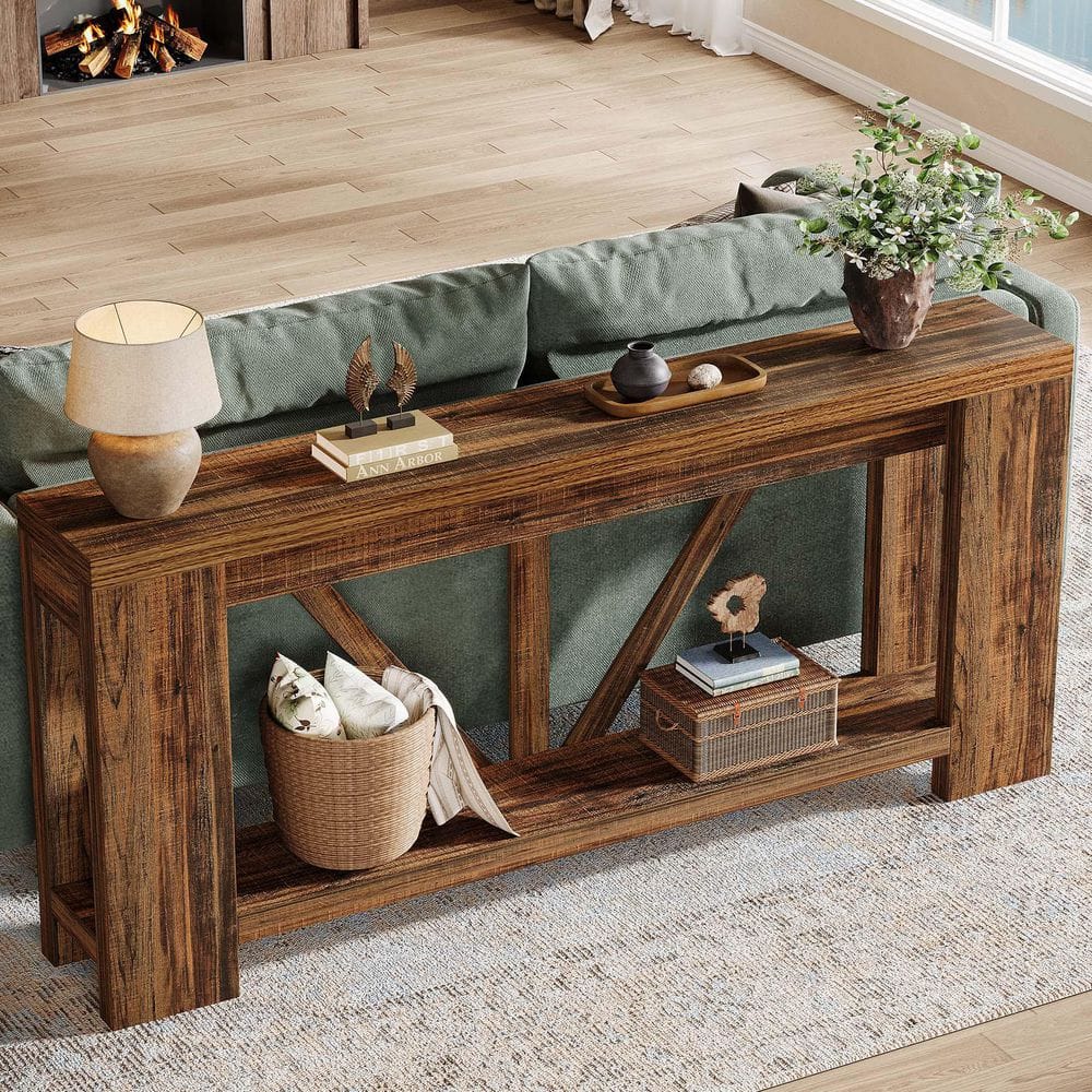 BYBLIGHT Turrella 71 in. Dark Brown Rectangle Wood Console Table with 2 ...