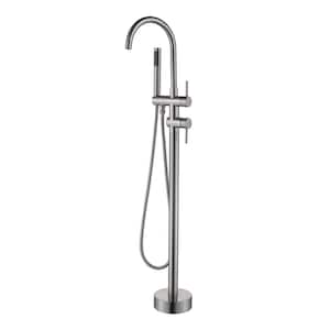 2-Handle Freestanding Floor Mount Tub Faucet with Hand Shower in Brushed Nickel