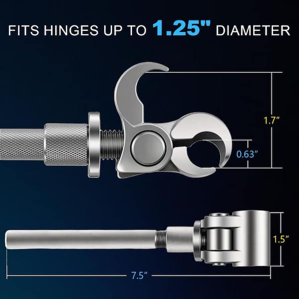Compact hinge adjustment wrench showing dimensions and adjustable head