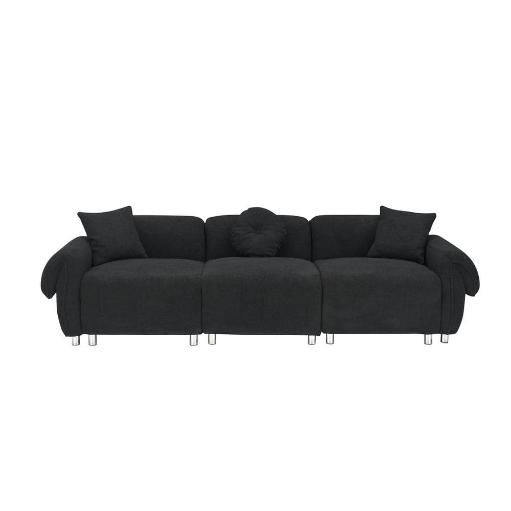 112 in. Wide Rolled Arm Velvet Rectangle Modern Upholstered Sofa in Black with 3-Pillows -  Z-joyee, P-Q202200899