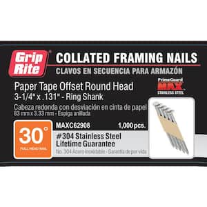 3-1/4 in. x 0.131 in. 30° Paper Collated 304 Stainless Steel Ring Shank Offset Round Head Framing Nails 1000 per Box