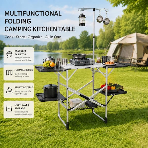 Folding Camping Kitchen Table - Portable Outdoor Cooking Station