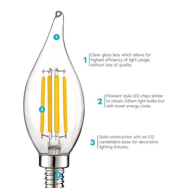 LUXRITE 60-Watt Equivalent CA11 Dimmable Vintage Edison LED Light Bulb  Flame Tip Clear Glass 2700K Warm White (24-Pack) LR21593-24PK - The Home  Depot