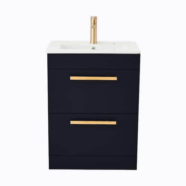 VAPSINT 24 in. W x 16 in. D x 32.3 in. H 2-Drawers Bathroom Vanity in Black with Single White Ceramic Sink