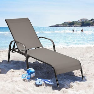 Brown Metal Outdoor Chaise Lounge Chair Adjustable Reclining Bed with Backrest and Armrest
