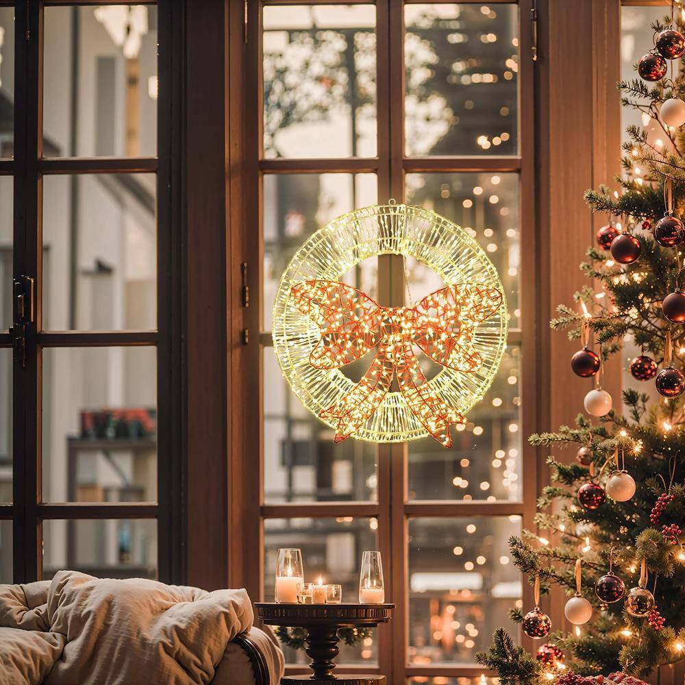 1.6-Foot Gold LED Christmas Wreath with Red Light Bow