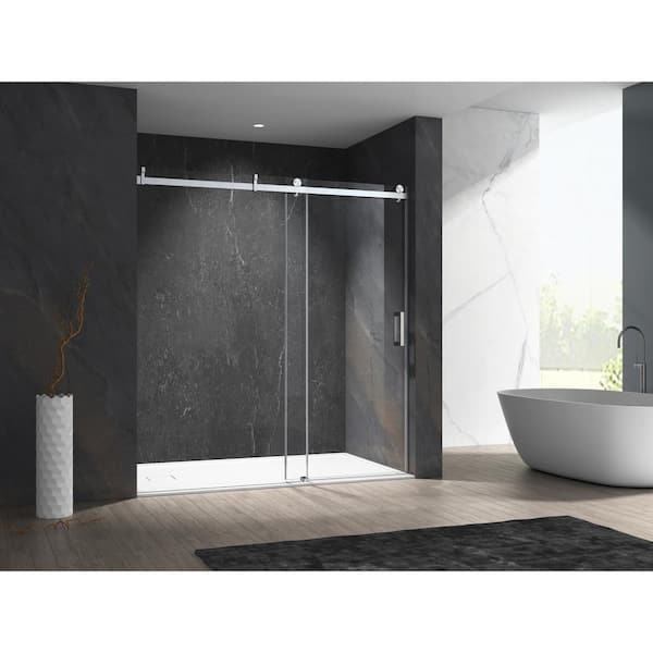 MCOCOD 60 in. W x 76 in. H Single Sliding Frameless Shower Door in Brushed Nickel with Soft-closing and 3/8 in. (10 mm) Glass