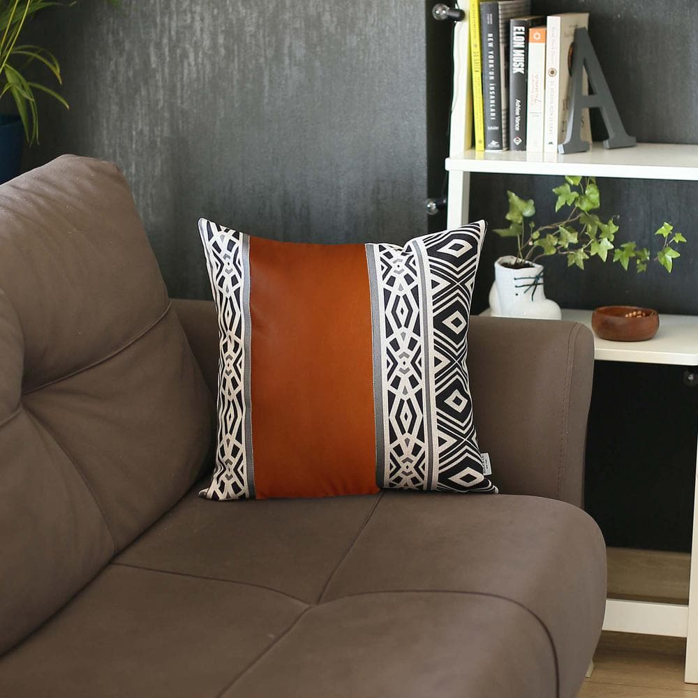 Brown Geometric Vegan Faux Leather 17" x 17" Throw Pillow