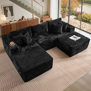 BP 108 in. Wide Arm 2-Piece Modern Plush Corduroy L-Shape Modular Sectional Sofa in. Black with Right Chaise and Ottoman