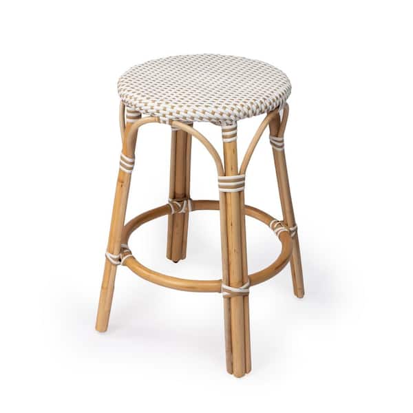Butler Specialty Company Tobias 24 in. White and Tan Dot Backless Round Rattan Counter Stool (Qty 1)