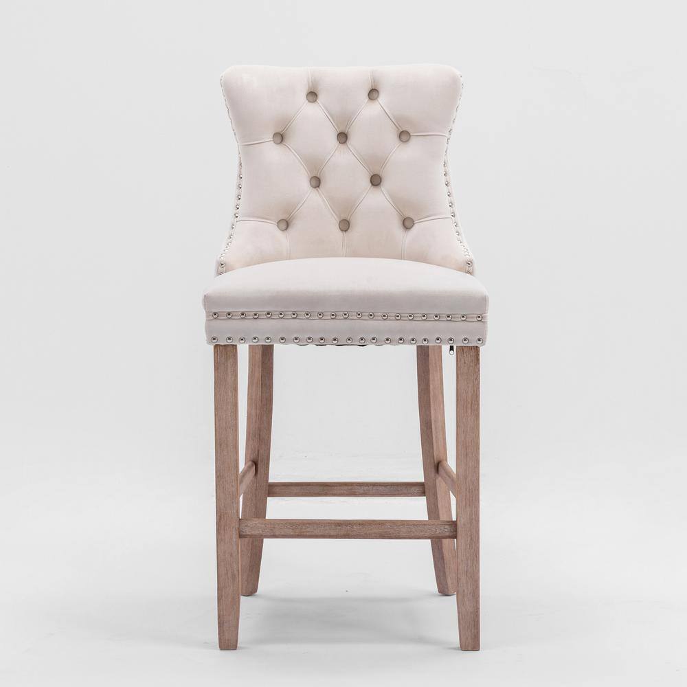Beige Velvet Upholstered Bar Stools with Natural Wood Legs, Set of 2