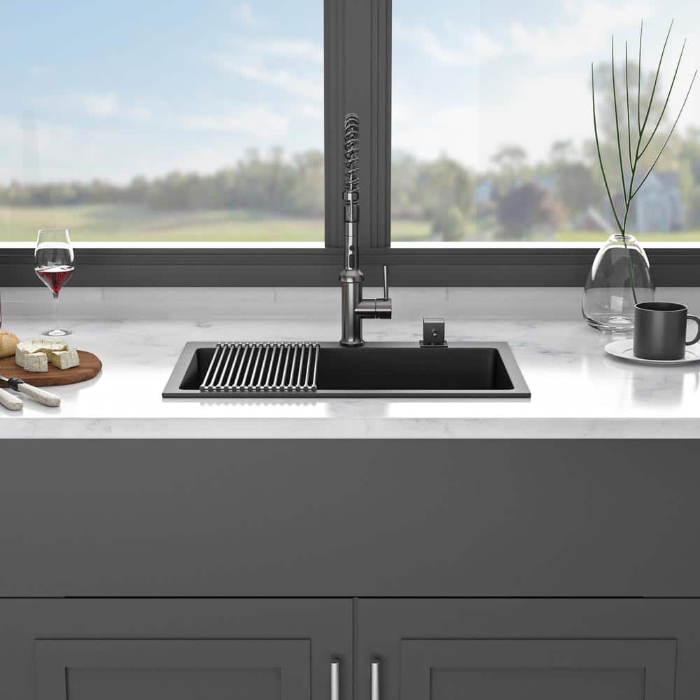 33 in. Black Quartz Composite Single Bowl Drop-in Kitchen Sink with Accessories