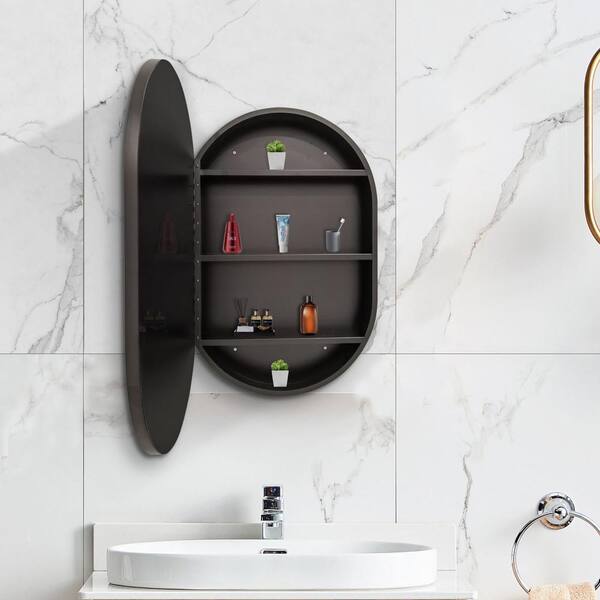 Unbranded 24 in. W x 36 in. H Black Aluminum Framed Oval Wall Mount/Recessed Bathroom Medicine Cabinet with Mirror