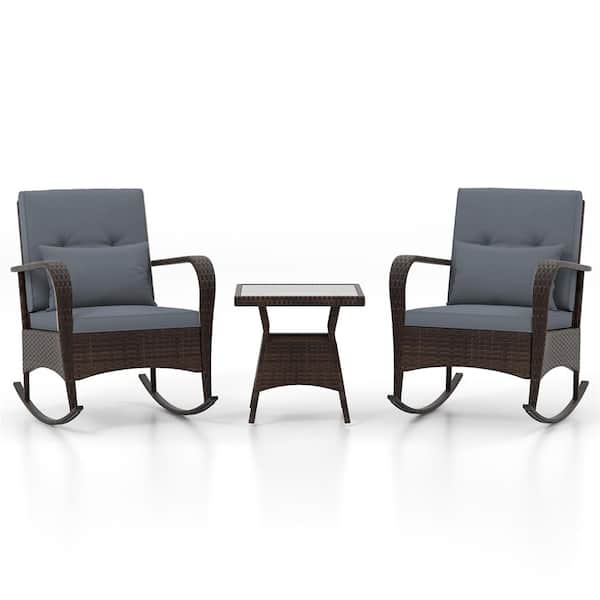 Costway Brown 3-Piece Metal Rectangle 20 in. Outdoor Bistro Set with CushionGuard Grey