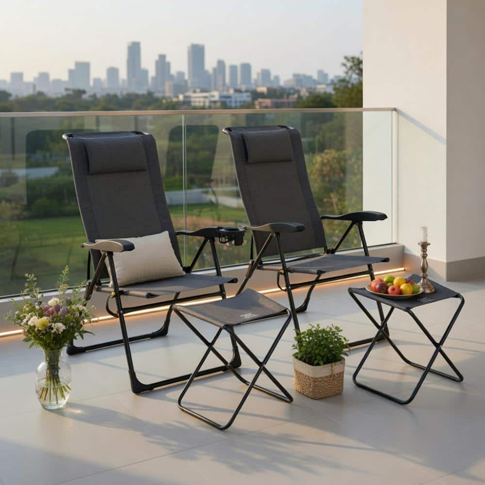 4-Piece Adjustable Folding Patio Chair & Ottoman Set – Gray/Black Steel Frame with Breathable Mesh, 7-Position Reclining price history on PriceWatchPro