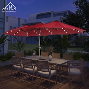 15 ft. Steel Patio Double-Side Market Umbrella with Base and Solar Light with Base in Burgundy