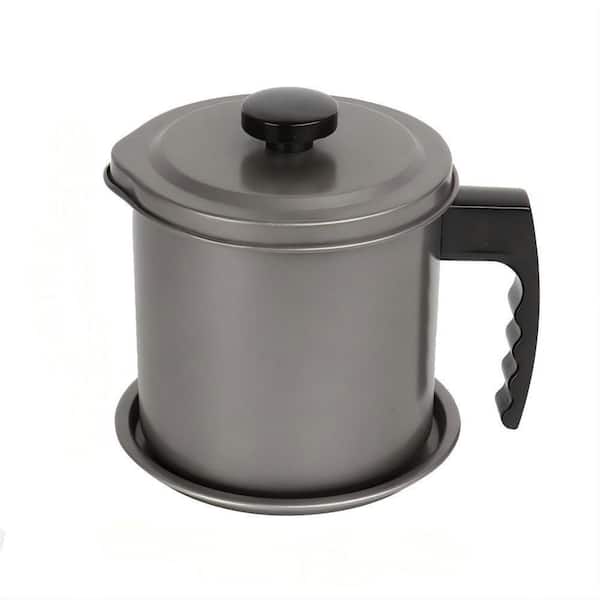 Gray Bacon Grease Container with Fine Mesh Strainer, 1.3 L Iron Cooking Oil Can with Removable Coaster Tray