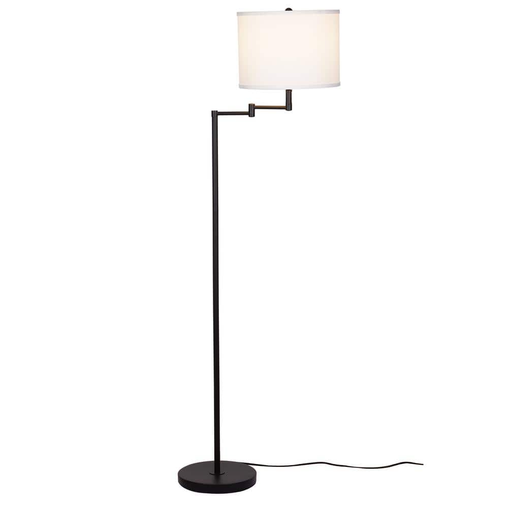 Black Metal Swing Arm Floor Lamp with White Linen Shade
