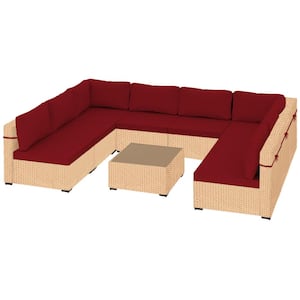 9-Piece Beige Wicker Patio Conversation Set with Red Cushions and Coffee Table