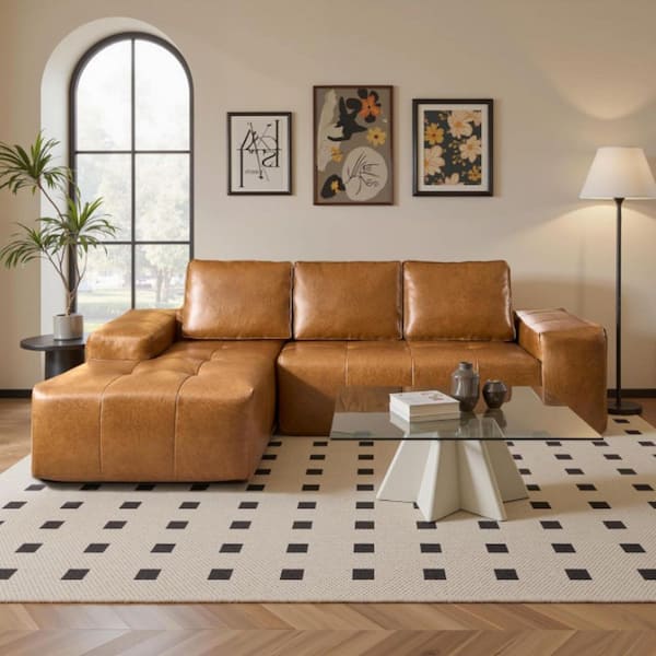 Ingrid 114.17 in. Square Arm Faux Leather Upholstery L-Shaped Sectional Sofa in. Brown, Left Facing Chaise