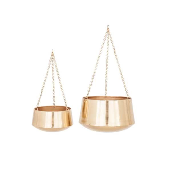 7in. Small Gold Metal Indoor Outdoor Hanging Dome Wall Planter with Chain (2- Pack)