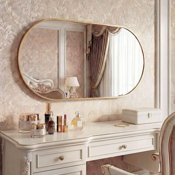 19.7 in. W x 39.4 in. H Oval Gold Decorative Aluminum Alloy Framed Wall Mirror