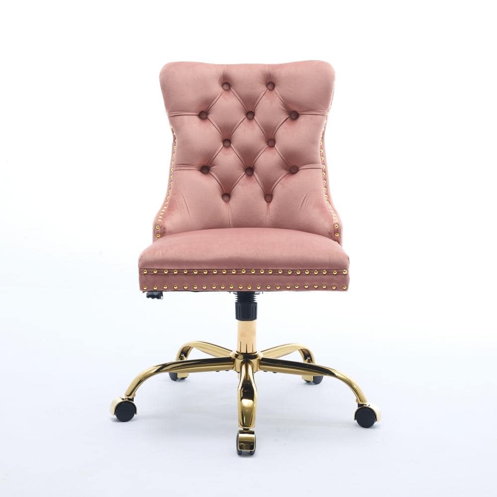 Pink Velvet Gaming Chair with Gold Metal Base, Adjustable Swivel Office Chair with High Rebound Foam Cushion