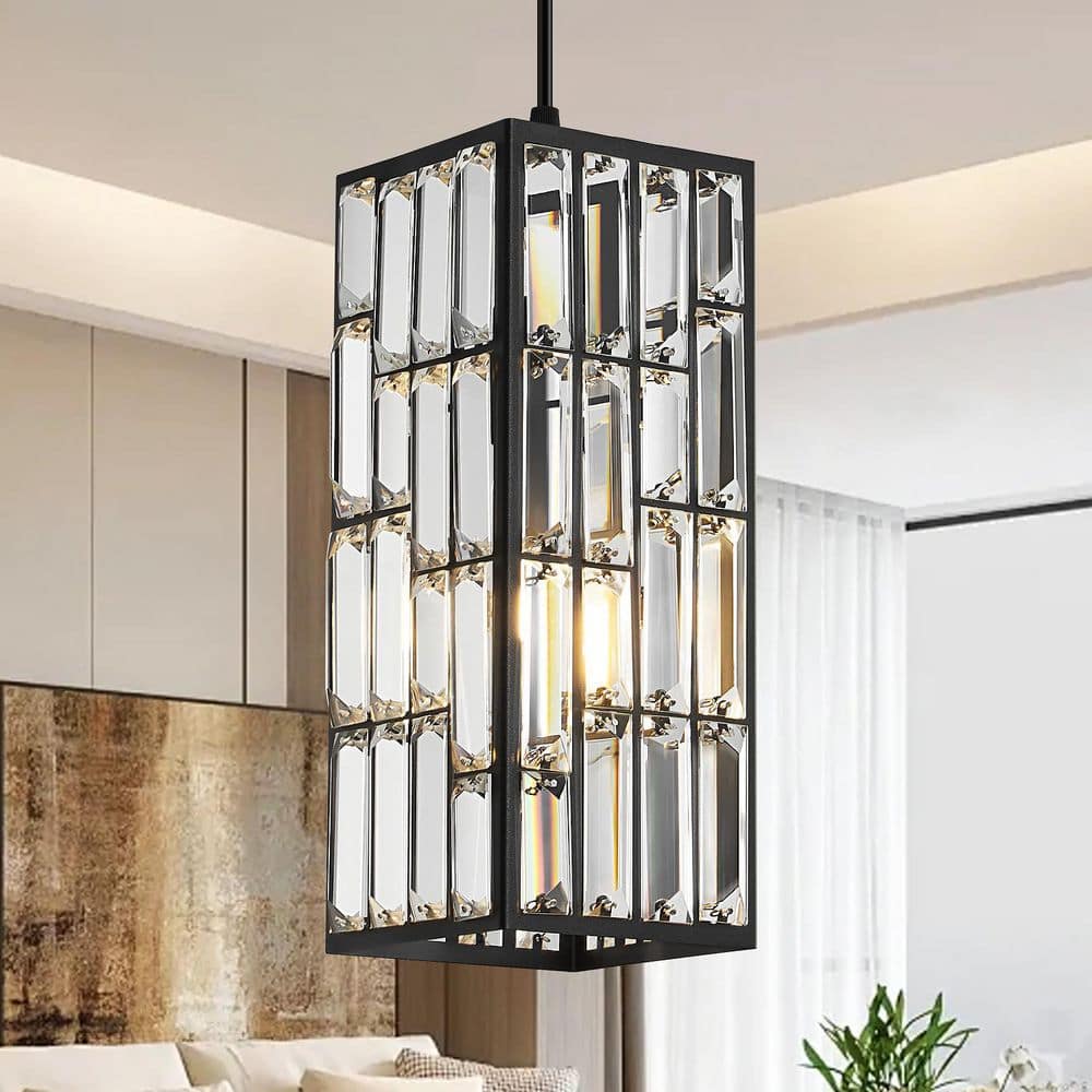 Deyidn Modern Mini Square Luxury 1-Light Black Pendant Light Crystal Shape Chandelier for Kitchen Island Dimmable Ceiling Light, image size:1000x1000