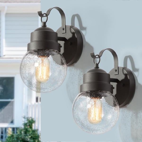 Greet 1-Light Matte Black Outdoor Barn Light Sconce with Clear Seeded Glass Shade (2-Pack)
