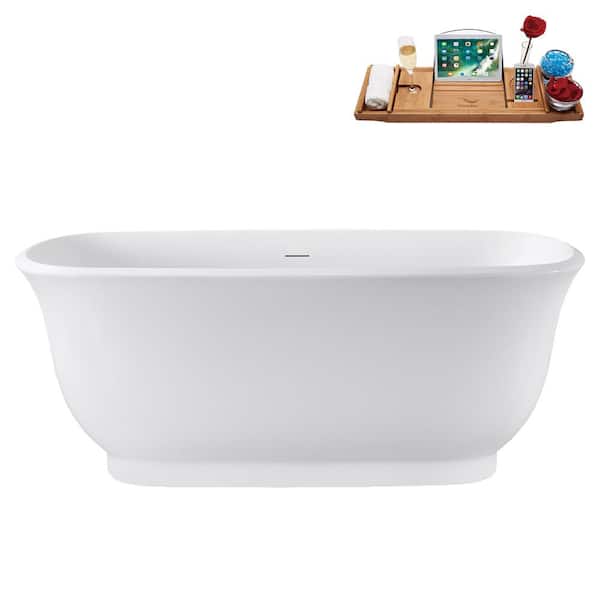 59 in. x 28 in. Acrylic Freestanding Soaking Bathtub in Glossy White with Polished Chrome Drain, Bamboo Tray